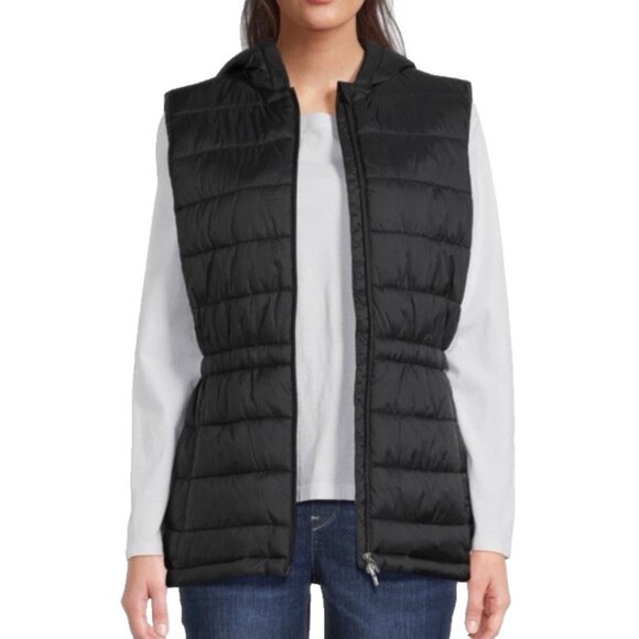 Swisstech Womens Puffy Puffer Jacket Large 12 14 Black Hooded Sleeveless - Picture 1 of 14